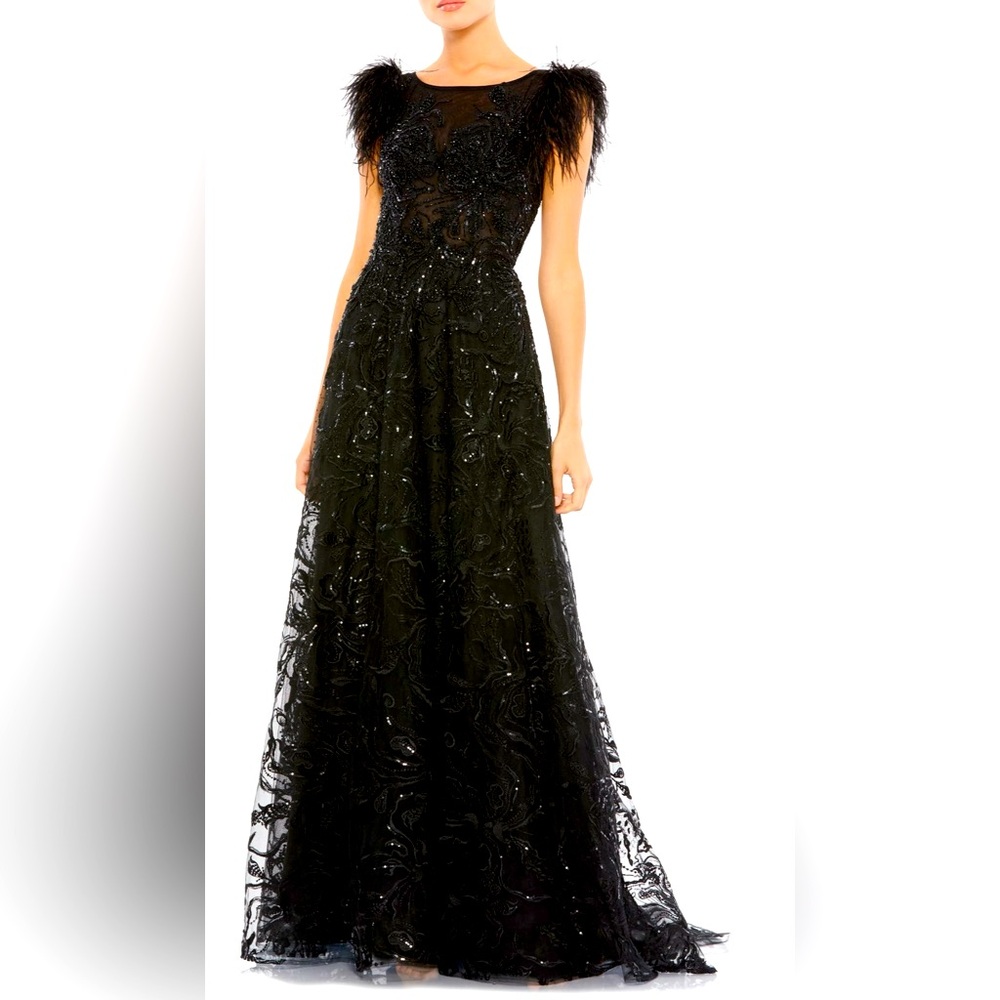 Mac DUGGAL Embellished Sequin Feather Cap Sleeves Bateau A Line Maxi Dress gown